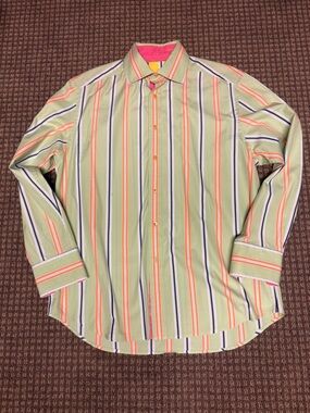 Robert Graham Light Green Shirt with Orange and Navy Stripes